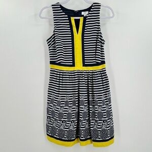 Crown & Ivy Navy/White Striped Pineapple Print Yellow Trim V Neck Dress Size 4P